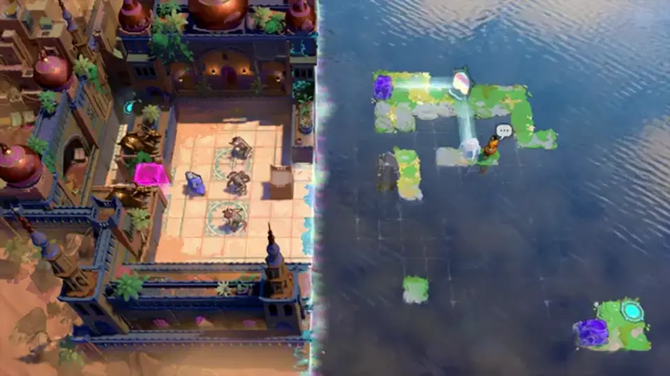 Two worlds split on one screen — the merge beat a gold tile is for