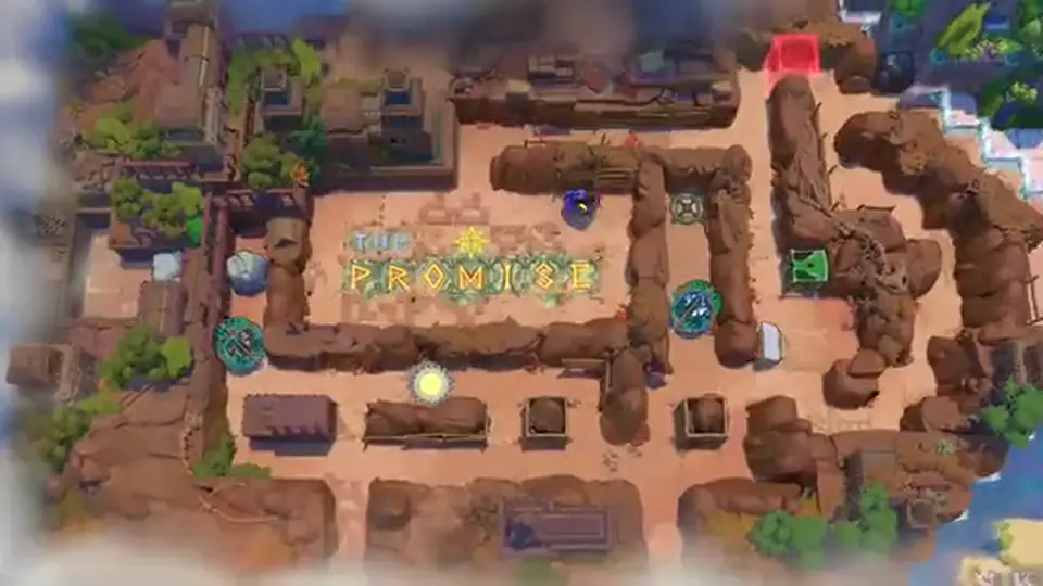 The Promise cavern map with gems and colored-beam fixtures